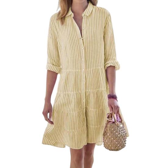 Женское полосатое платье-рубашка на пуговицах, повседневное, свободное, с длинным рукавом, многоярусное, расклешенное, туника, летнее, пляжное, сарафан