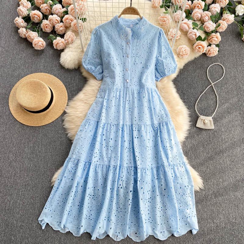 New Elegant Hollow Out Embroidered Polo Bubble Sleeves Loose Bohemian Vacation Dress Womecasual Dresses for Women
