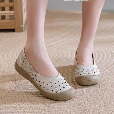 Летняя модель с мягкой подошвой, дышащие туфли на плоской подошве, нескользящие кожаные туфли, женские туфли, полые дышащие из мягкой кожи