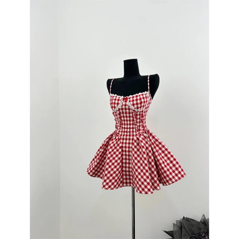 Summer French Prom Gown Ballet Core Mini Plaid Dress Women Gyaru Coquette 2000s Aesthetic Evening Frocks Party Fairy One-Piece