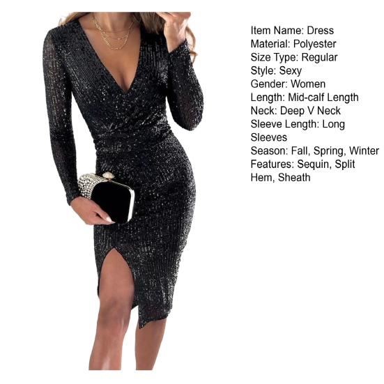 Женское платье с блестящими пайетками и глубоким V-образным вырезом, облегающее платье с разрезом подол и длинным рукавом, облегающее платье миди с высокой талией и длиной до середины икры для выпускного вечера