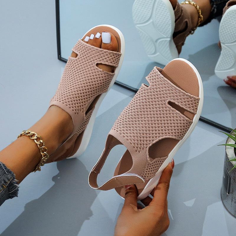 Summer Velcro Fly-woven Elastic Cloth Fish Mouth Sandals Women's Breathable Large Size Hollow Rhinestone Sandals Siz-3
