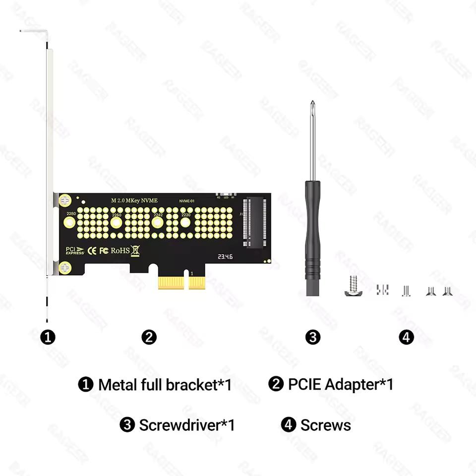 Карта-адаптер PCIE to NVMe X1, PCI Express 4.0/3.0 16 Гбит/с к M.2 2280/60/42/30 SSD-конвертер с металлическим профилем-кронштейном