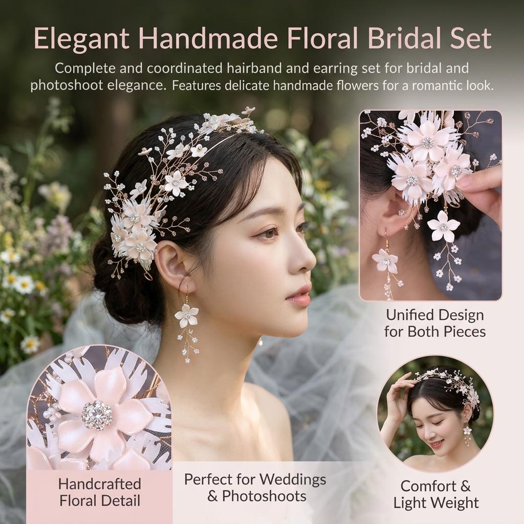 Flower Hairband Earring Set For Wedding Photoshoot Floral Headwear