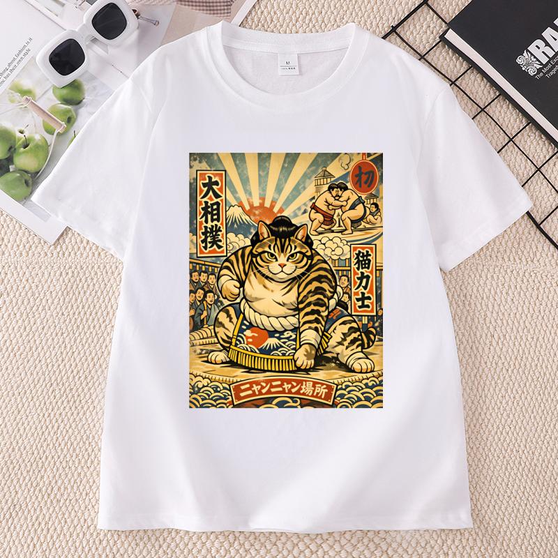 Sumo Cat TShirt Japanese Style Funny Cat Tee Casual Round Neck Printed Cotton T Shirt Streetwear Summer Casual Short Sleeve