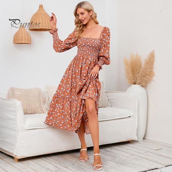 Женское платье с длинными рукавами, цветочным принтом, А-силуэтом, квадратным вырезом, миди-платьем, эластичным бюстом, открытой спиной, плиссированным подолом, весна-осень