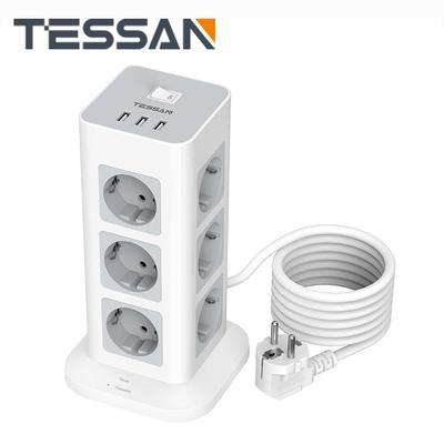 Tessan Удлинитель Tower с несколькими вилками, вертикальная розетка с переключателем, розетки 8/12, 3 порта USB, кабель 2 м, защита от перенапряжения для домашнего офиса