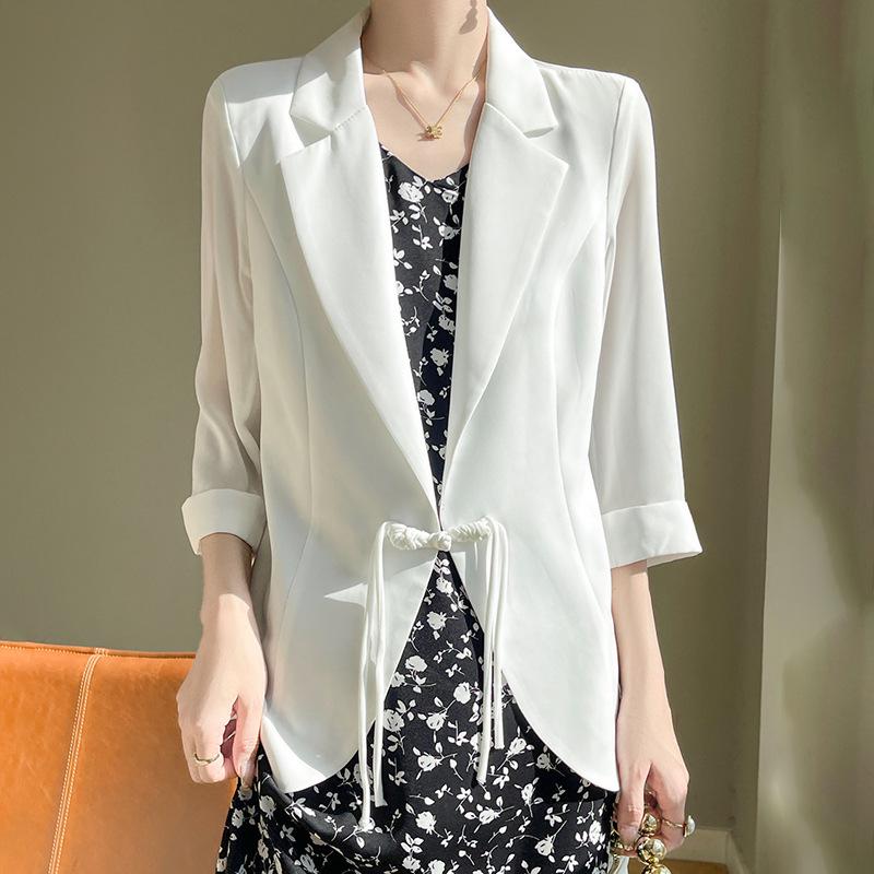 Женский белый шифоновый пиджак - лето 2024, элегантный дизайн, застежка на пуговицы, рукава три четверти