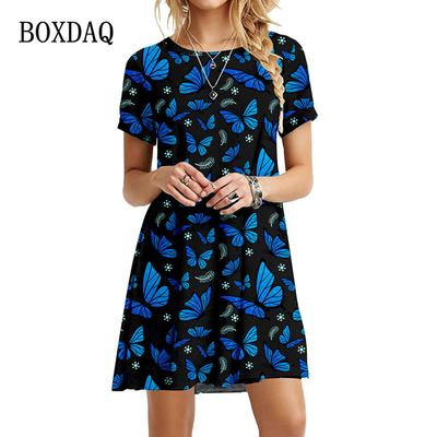 Модные летние платья-бабочки, женское элегантное свободное платье с коротким рукавом и 3D принтом, винтажное повседневное мини-платье с круглым вырезом