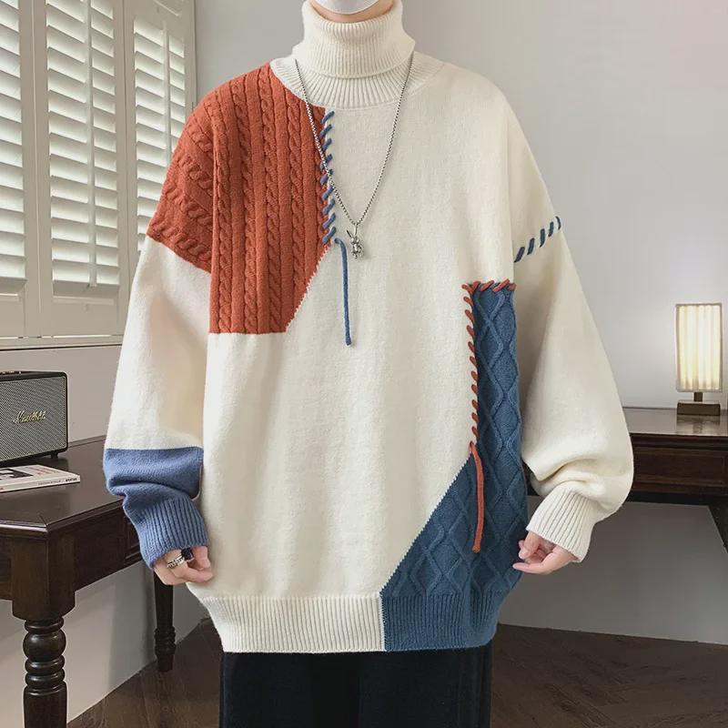 Men's Warm Knitted Winter Turtleneck Sweater - Contrast Design, Long Sleeve