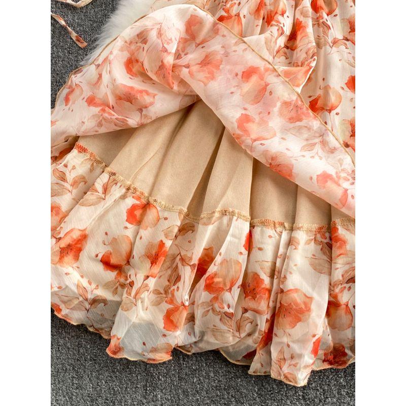 Sweet Chest Pad Orange Sling Dress Lace