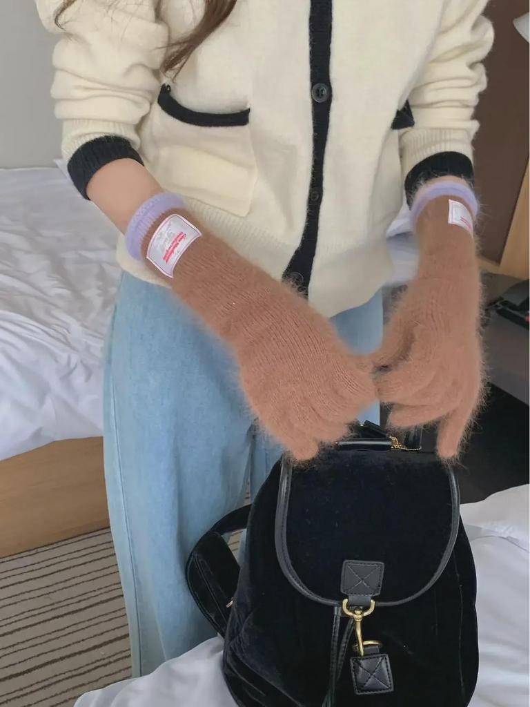 Women's Korean Style Colorblock Wool Long Gloves - Warm, Windproof, Five-Finger Design for Winter Cycling