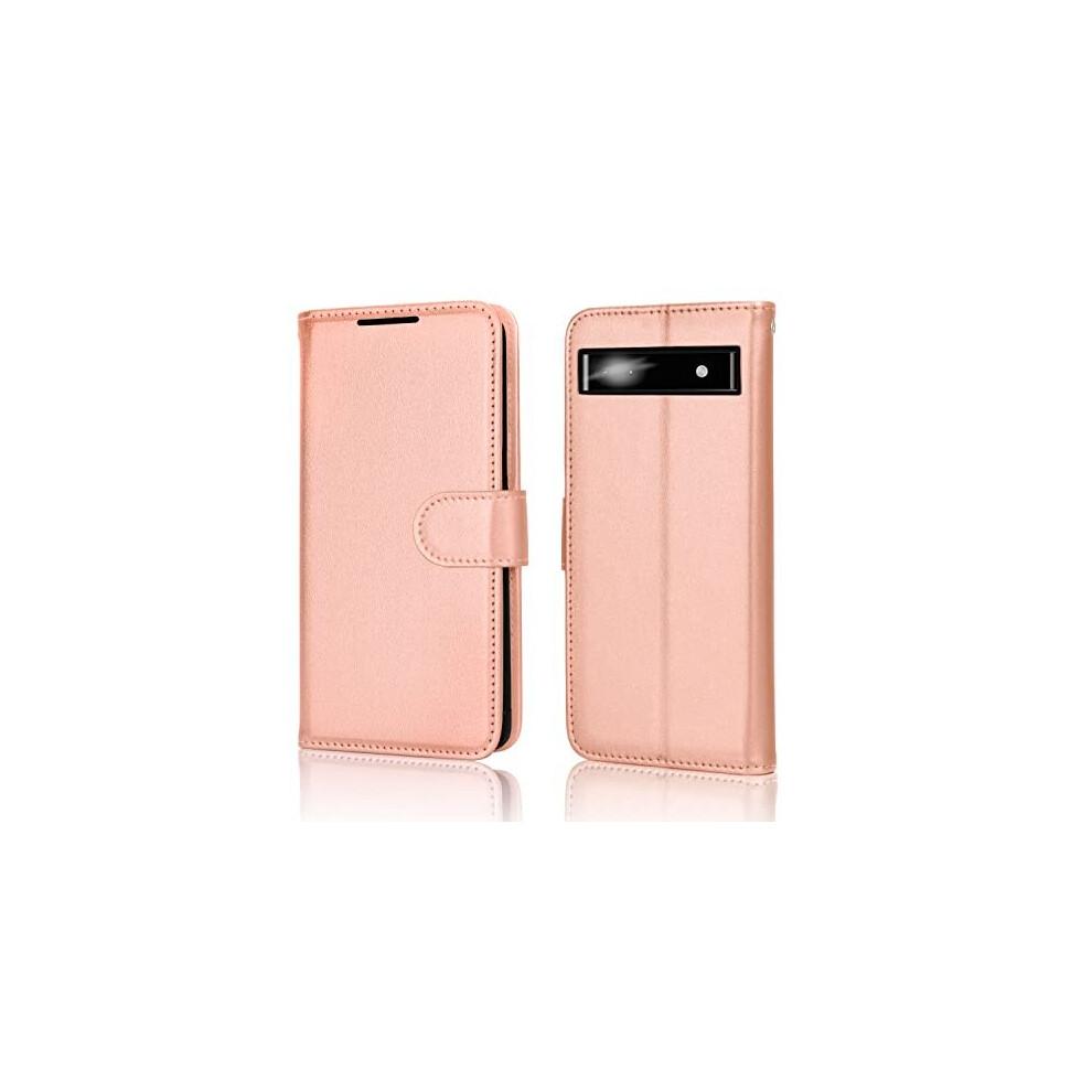 (Rose Gold) Pixel 6a Wallet Case, Flip Protective Cover with Card Holder, Stand and Wrist Strap - PU Leather with Magnetic Closure For Google Pixel 6a