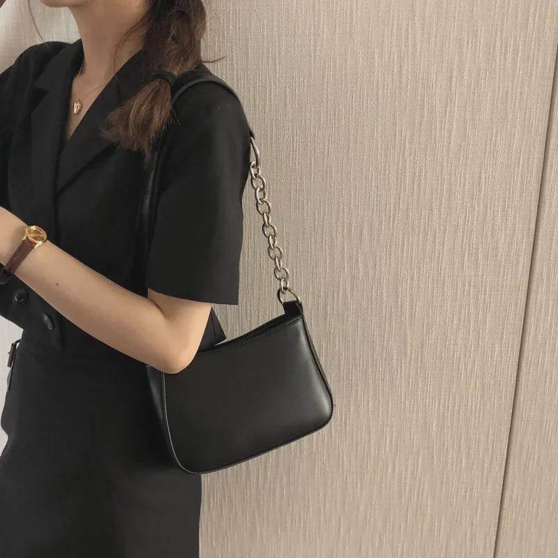 2020 Trendy Black Stitch Underarm Baguette Bag: European & American Style PU Shoulder Handbag for Women
