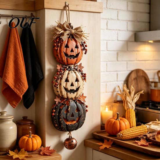 Thanksgiving Seasonal Embellishments Halloween Stacked Pumpkin Door Hanger, Vintage Jack?O?Lantern Wall Hanging Ornament, Maple Leaf Berry