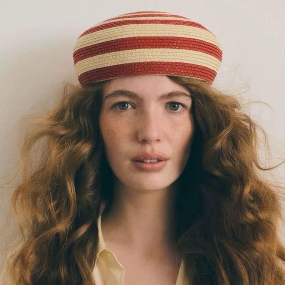 Color Block Dome Cap Paper Straw Sun Hat Brim Hat Straw Top Hat  Daily Wear