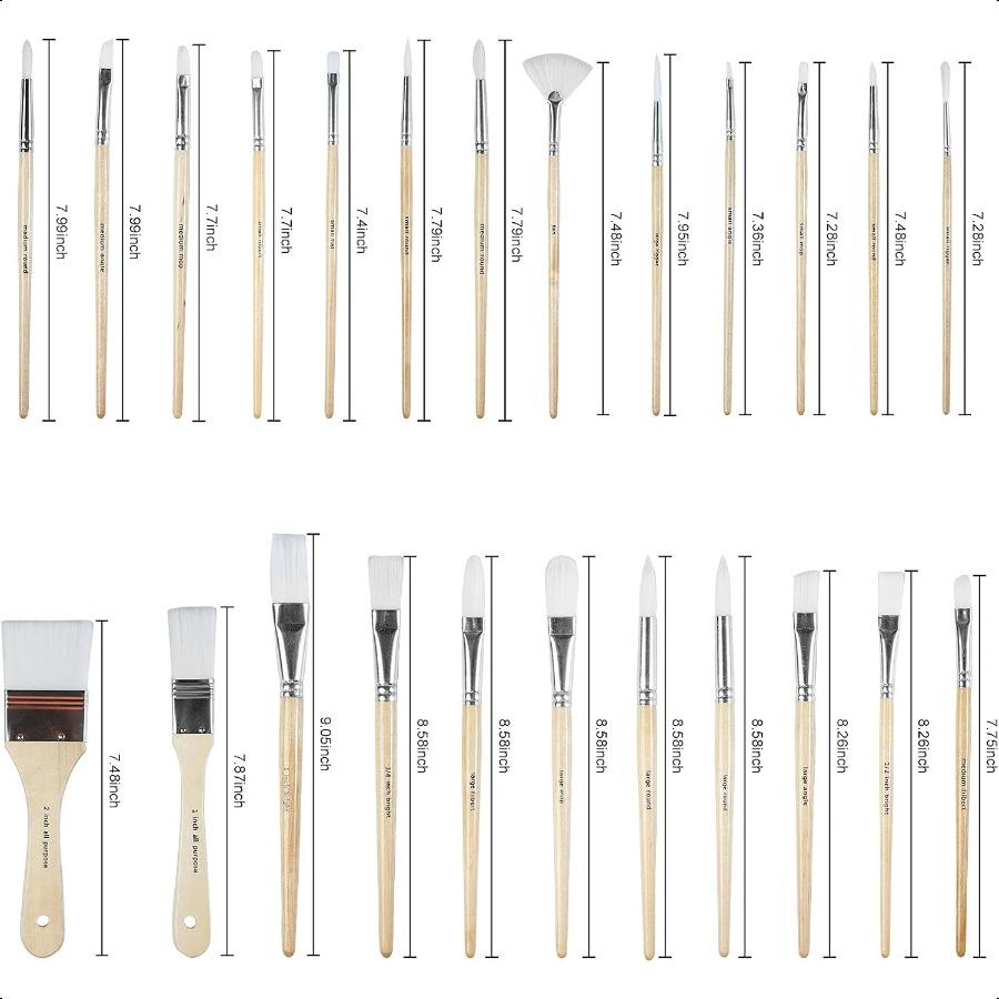 Набор кистей для рисования из 24 штук, кисти с деревянными ручками и холщовым чехлом для кистей, профессиональные для живописи маслом, акрилом и акварелью