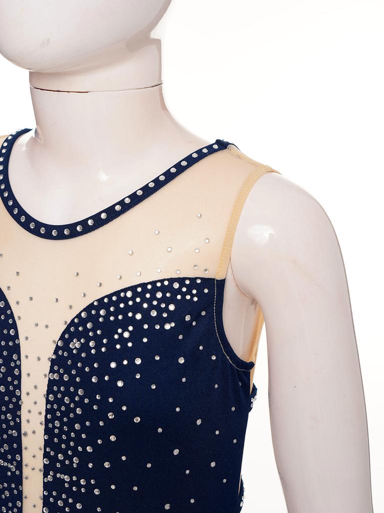 Лирический танцевальный купальник для девочек, блестящие стразы, перекрещивающиеся сзади, U-образный вырез, юбка