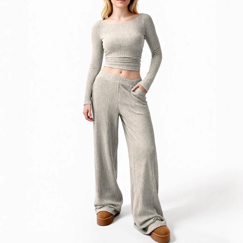Женский топ с длинным рукавом и брюки с широкими штанинами на резинке на талии, модный повседневный костюм