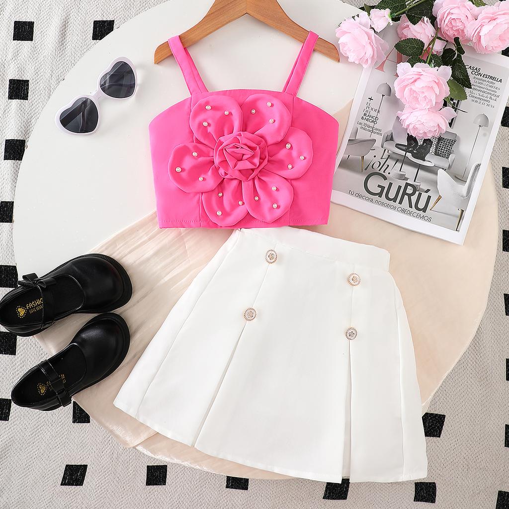 2PCS Girls 3D Flower Beaded Cami Top & Button Skirt Set, Casual Summer Two-Piece Outfit
