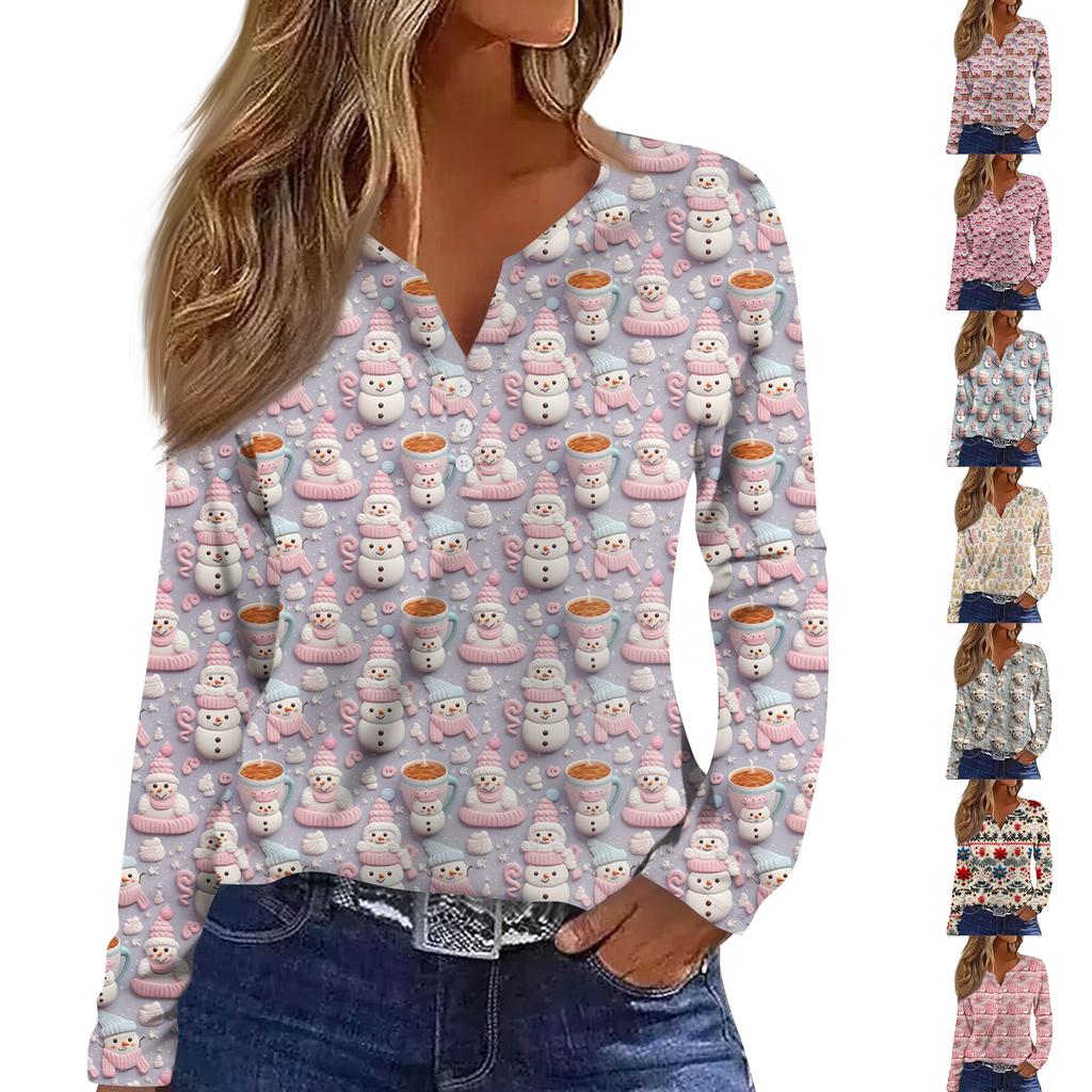 Женская модная повседневная футболка с V-образным вырезом, на пуговицах, с длинным рукавом, с рождественским принтом