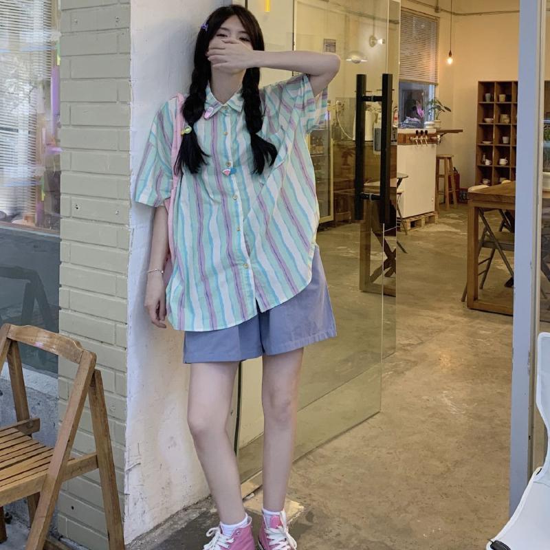 Женская рубашка в полоску с цветными блоками, японская однобортная женская одежда, летний свободный повседневный топ с короткими рукавами