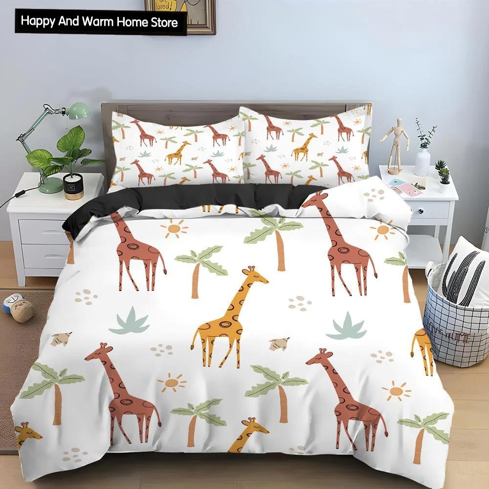 Cartoon Giraffe King Queen Duvet Cover Boys Girls Animal Bedding Set Wildlife Quilt Cover Polyester Comforter