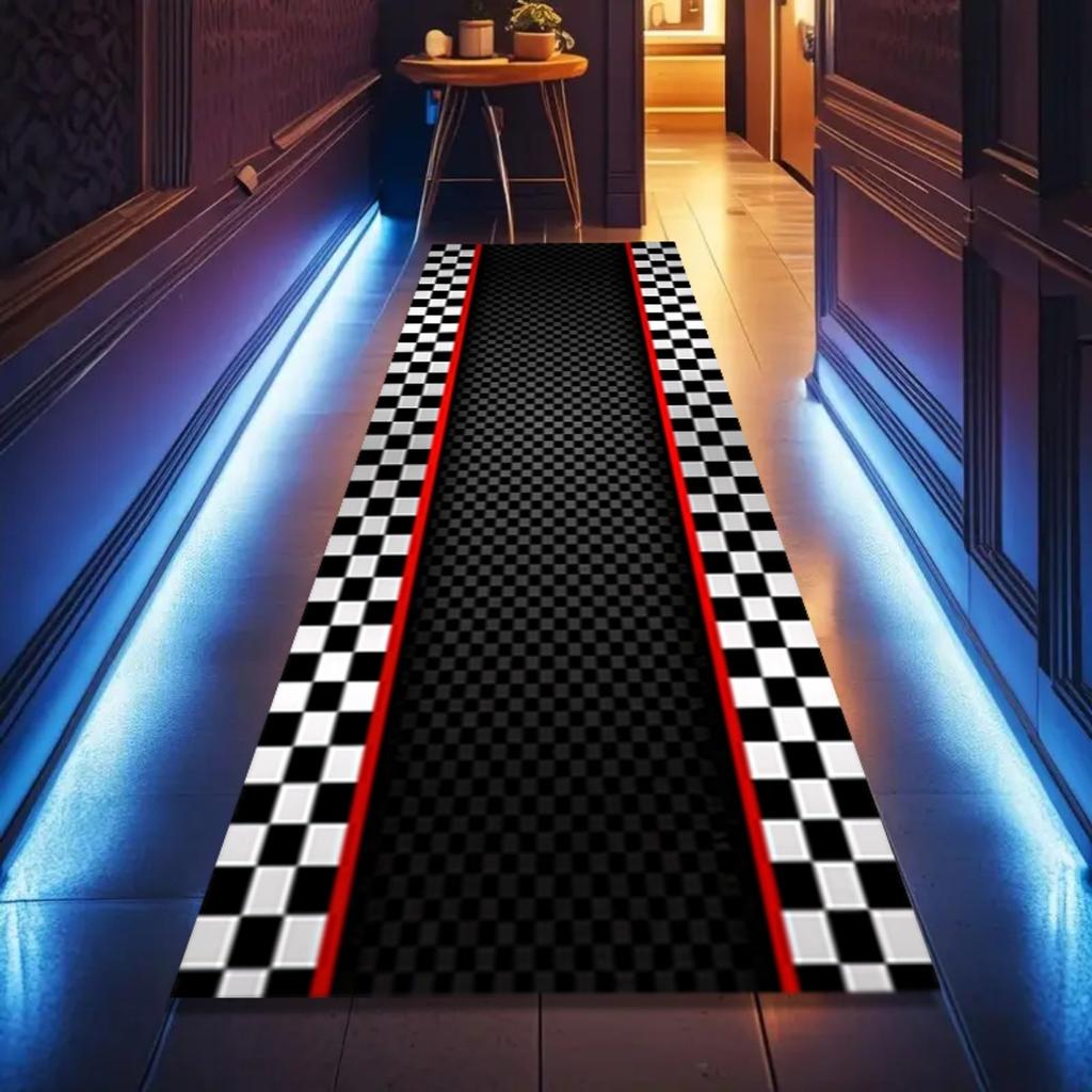Racing Checkered Finish Line Long Runner Rug Race Car Theme Party Floor Mat Non-Slip Checkerboard Carpet for Entryway Kids' Race