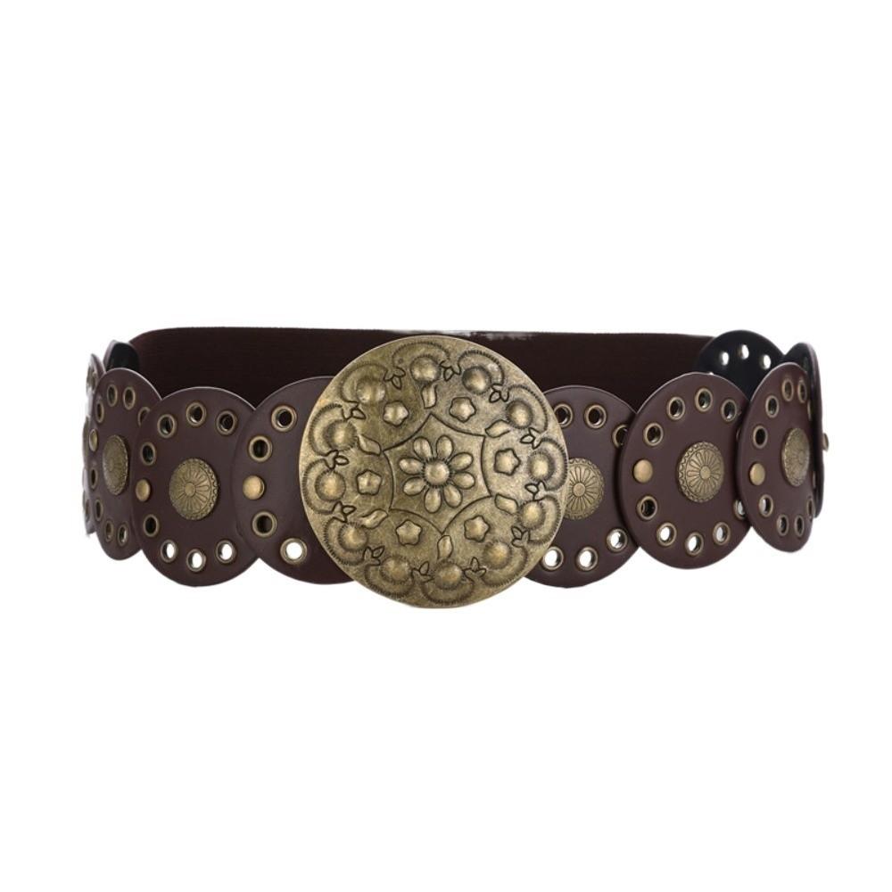 Zinc Zinc Alloy Ethnic Style Rivet Belt Y2K Disc PU Hollow Waistband Vintage Concho Wide Belt  Waist Seal