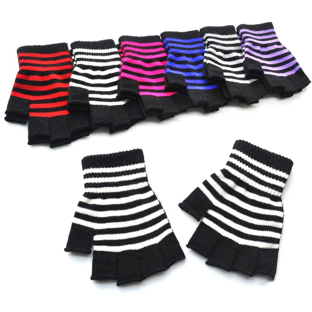 Student Comfortable Warm Winter Fingerless Striped Knit Mittens Thicken Knitted Gloves