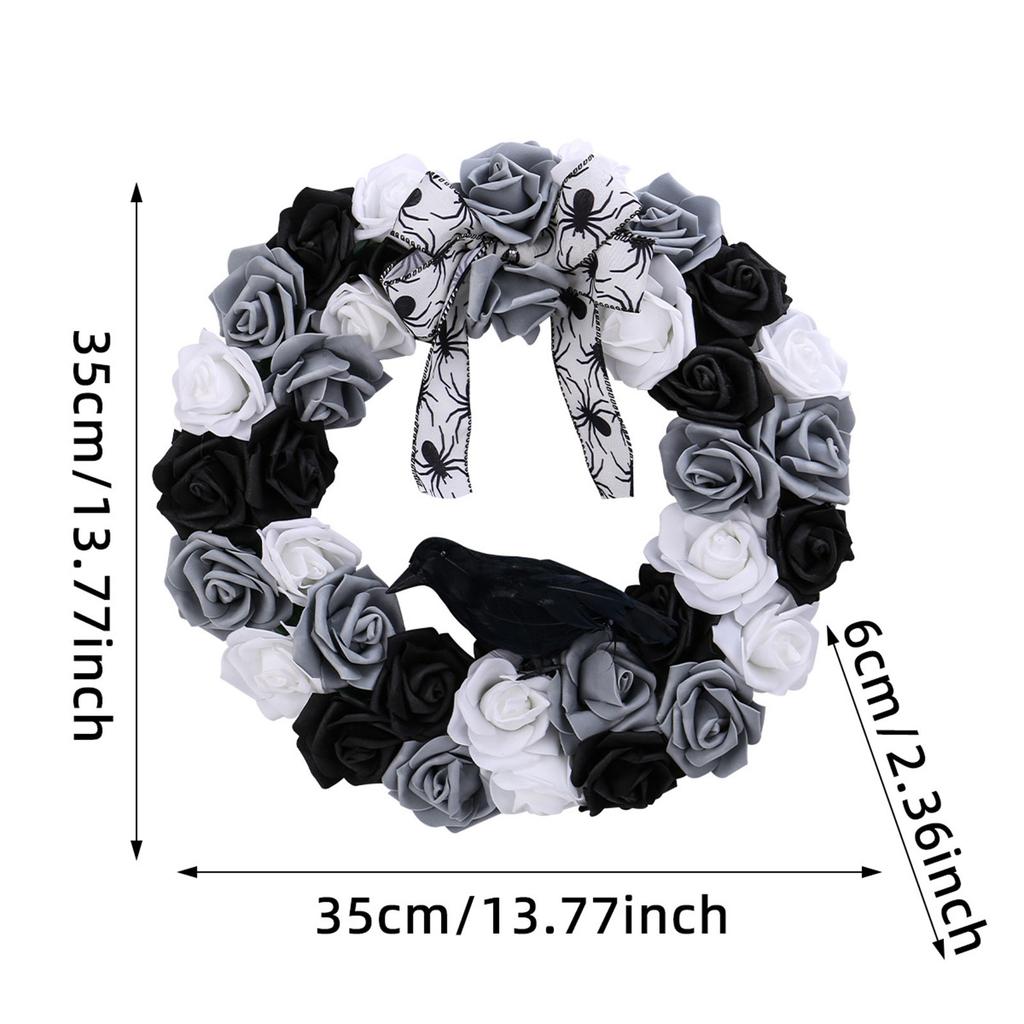 Halloween Wreath Gothic Garlands Front Door Wreath with Black and White Rose Crow Decorative Wreath For Wall Decoration