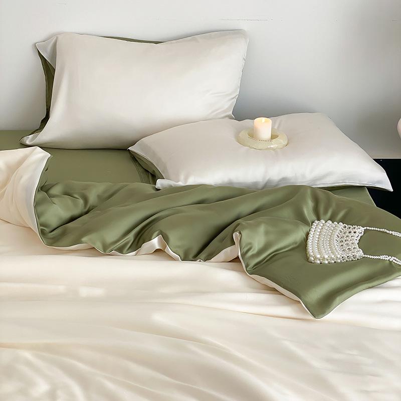 Летний однотонный комплект из четырех предметов из ледяного шелка, прохладный на ощупь, простыня, пододеяльник, комплект постельного белья из трех предметов для общежития, удобное постельное белье