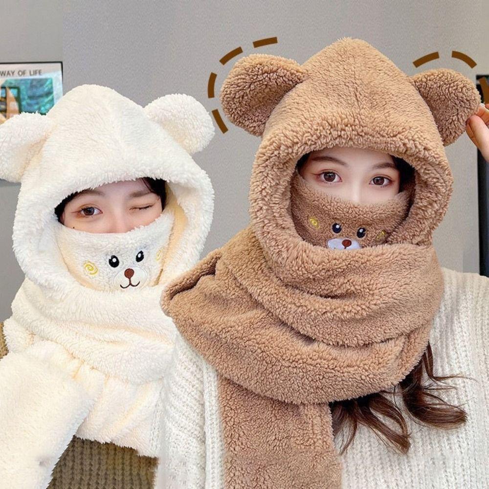 Winter Warm Women Beanies Caps Cute Bear Ear Integrated Cap Scarf Ear Protection Caps  Cycling