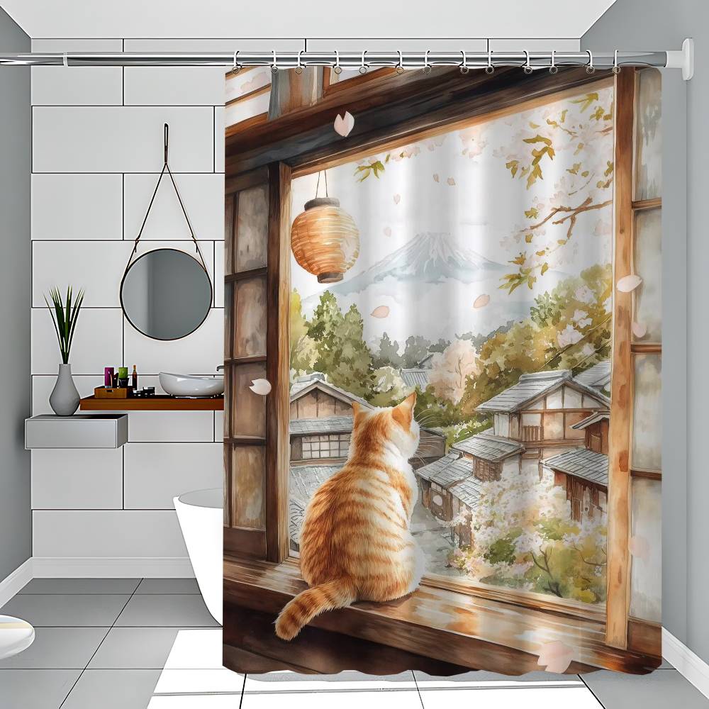 Japanese Black Cat Bathing Moon Lucky Cat Funny And Creative Beach Shower Curtain Waterproof Polyester Bath Curtains Bathroom