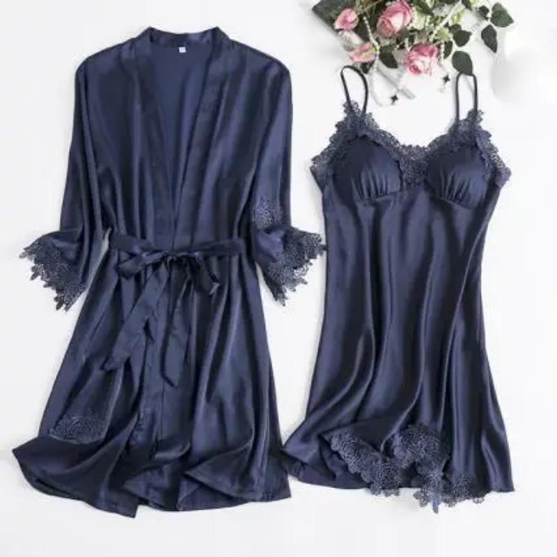 Женский комплект из 2 предметов: Халат и Ночная сорочка, Пижама, Сексуальный, С кружевной отделкой, Банный халат, Халат, Ночная сорочка, Летний, Последний, Свободный, Шелковый сатин, Домашняя одежда, Одежда для отдыха