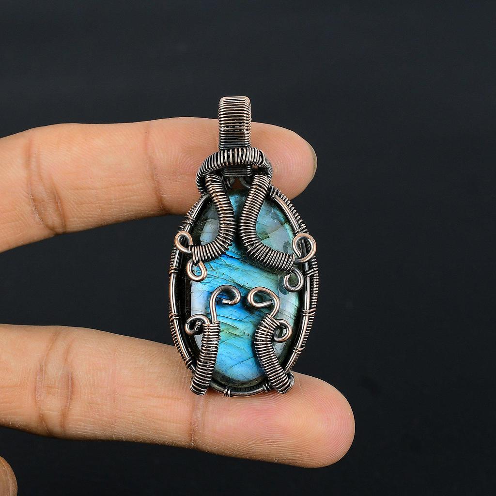 Labradorite Pendant, Handmade Gemstone 999 Copper Wire Wrapped Pendant Antique Jewelry, For Gift Silver Jewelry