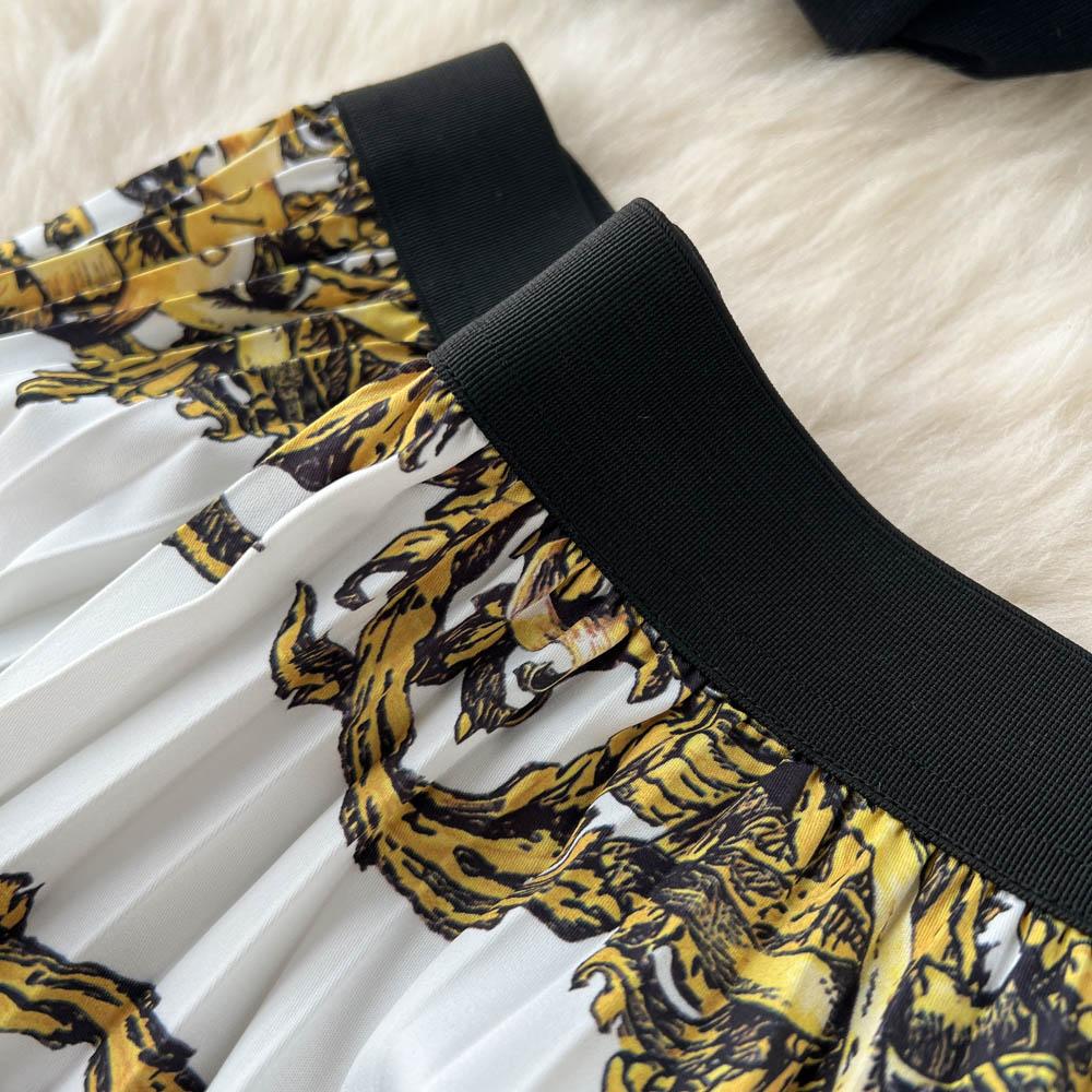 Этнический стиль костюм-двойка женский летний темперамент короткий топ-футболка с принтом юбка плиссе с высокой талией