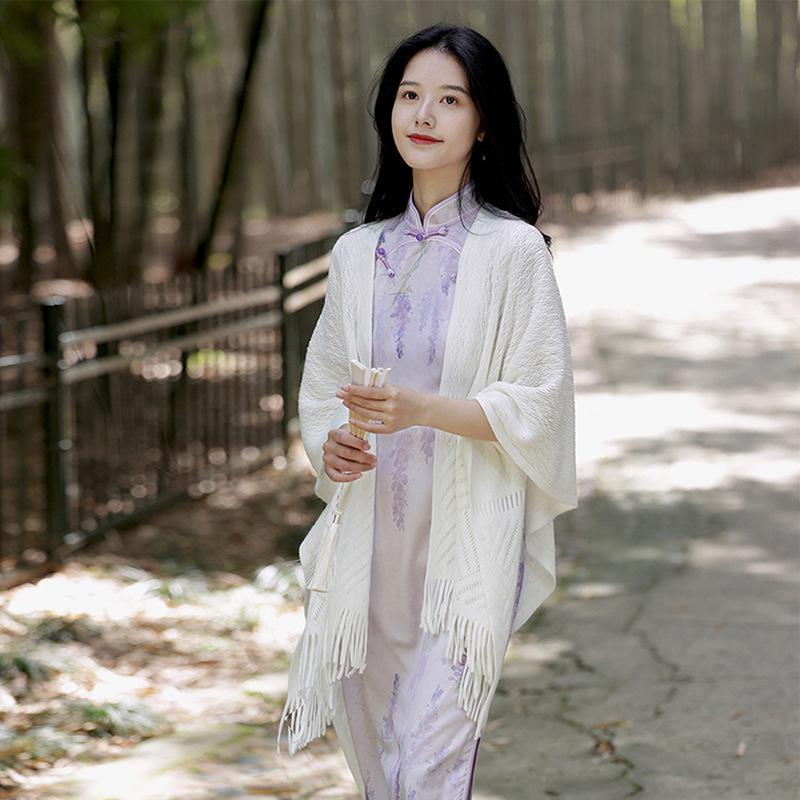 Тонкая шаль с кисточками цвета «кремовый»: Свежий художественный стиль для весны и лета с универсальным кардиганом-накидкой-шарфом Cheongsam