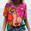Vintage Women's T-shirt V-neck Fashion Top Abstract Face 3D Print Street Style Short Sleeve T-shirt