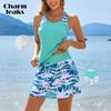 Two Piece Tankini Swimsuits for Women Printed Block Tankini Top with Swim Skirt Tummy Control Bathing Suit