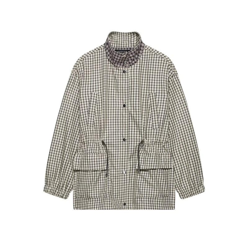 Womens Plaid Jacket Long Sleeve Stand Collar Casual Slim Fit Outerwear Fashion Coat