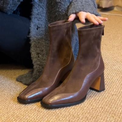 Французские эластичные женские ретро квадратный носок замшевые ботильоны с высоким каблуком темпераментные короткие ботинки