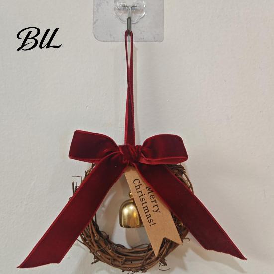 Home And Shop Window Ornaments Christmas Bell Rattan Wreath Hanging Ornament, Rustic Door Handle Wind Tags Chime Decor with Ribbon Bow, Holiday