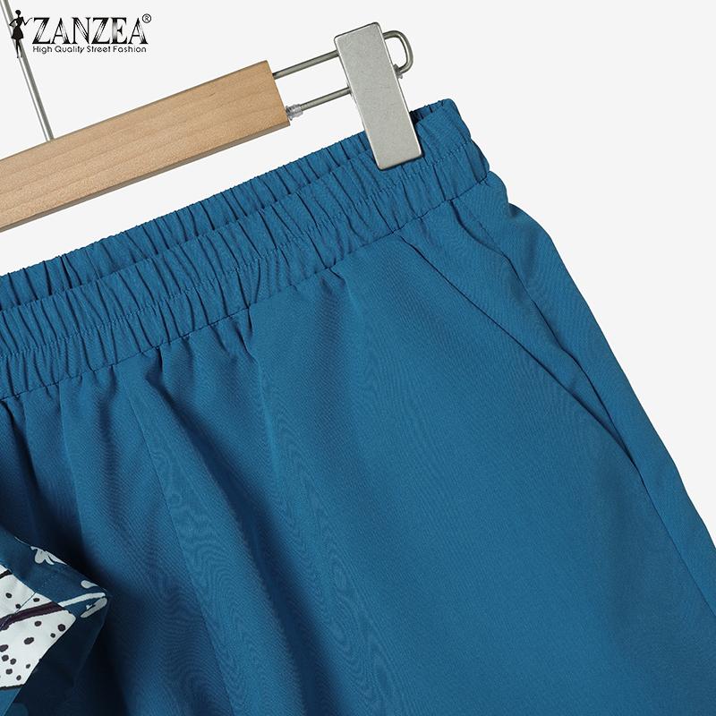 ZANZEA Женский летний комплект из двух частей: блузка с коротким рукавом и шорты с принтом