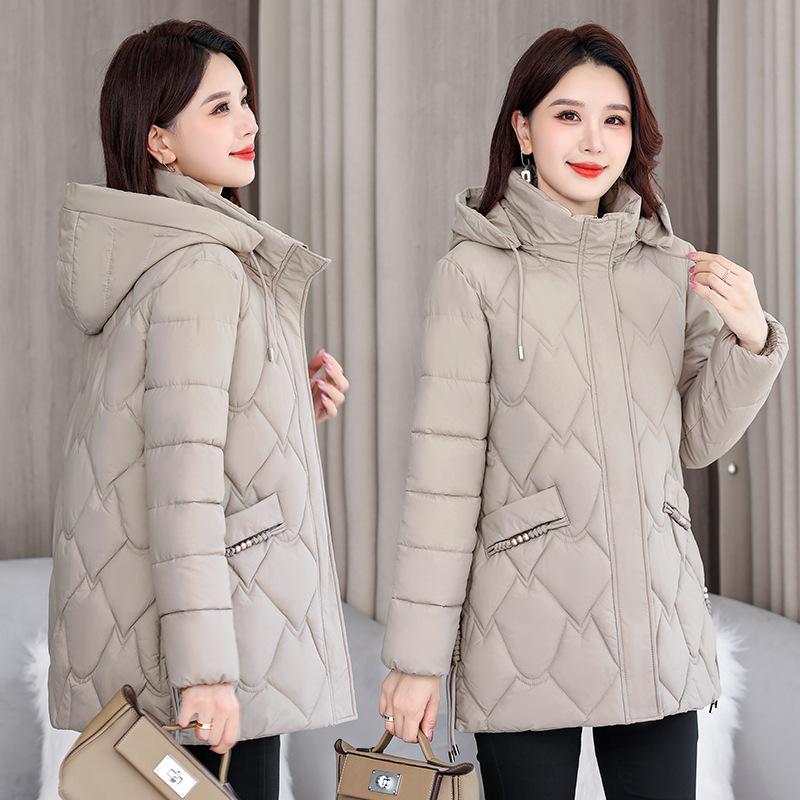 Winter women's hooded cotton-padded jacket thickened and warm medium and long rhombus quilted down cotton-padded jacket slim jacket trendy