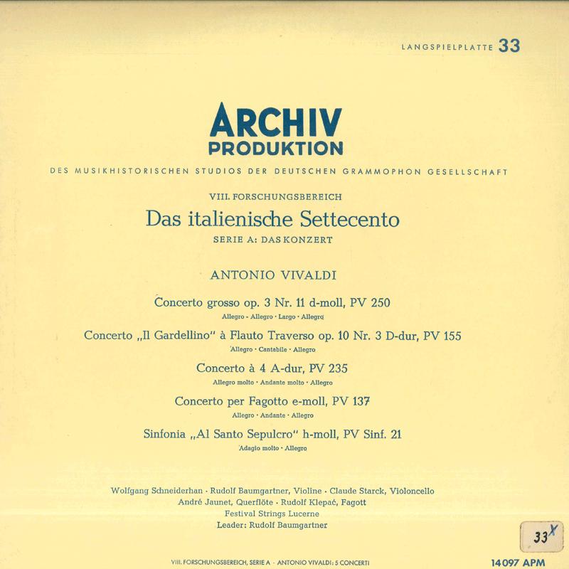 Виниловая пластинка RUDOLF BAUMGARTNER FESTIVAL STRING Вивальди Das Italienische Settecento 14097APM ARCHIV PRODUKTI 1960 Германия Классическая Б/У