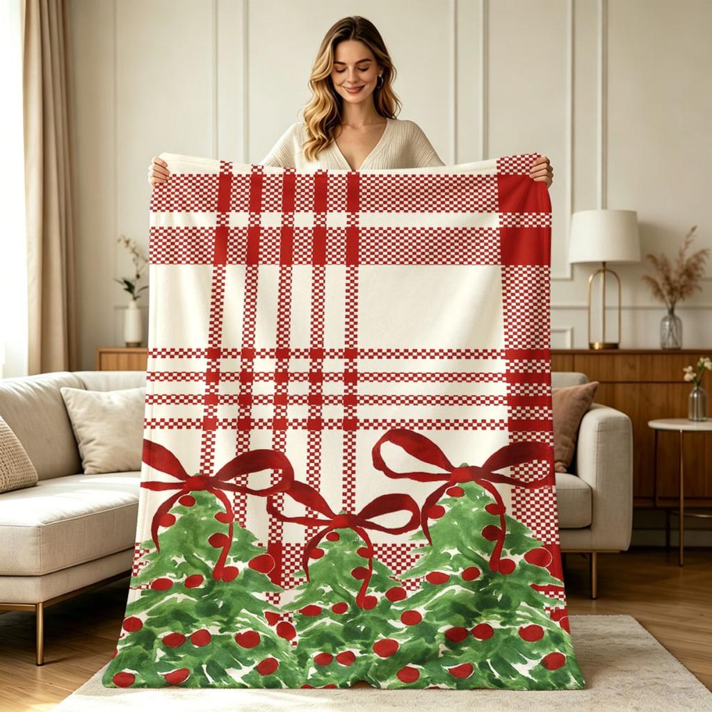 Soft Warm Cozy Flannel Blanket with Christmas Tree Plaid Bow Print All Season Throw Blanket for Sofa Couch Bed Living Room Bedroom Office Home Decorat