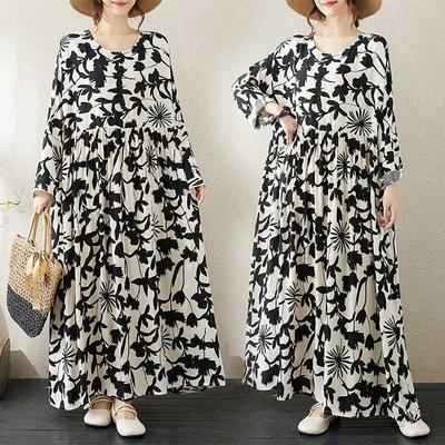 Платье с круглым вырезом, длинными рукавами, свободного кроя, в литературном стиле для отпуска