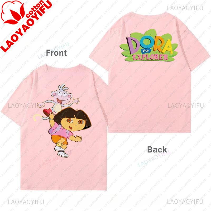 Dora Kids Cothes Cartoon Print ShortSleeved Boys And Girls Cotton TShirt Double Size Printed Tees Y2k Clothes