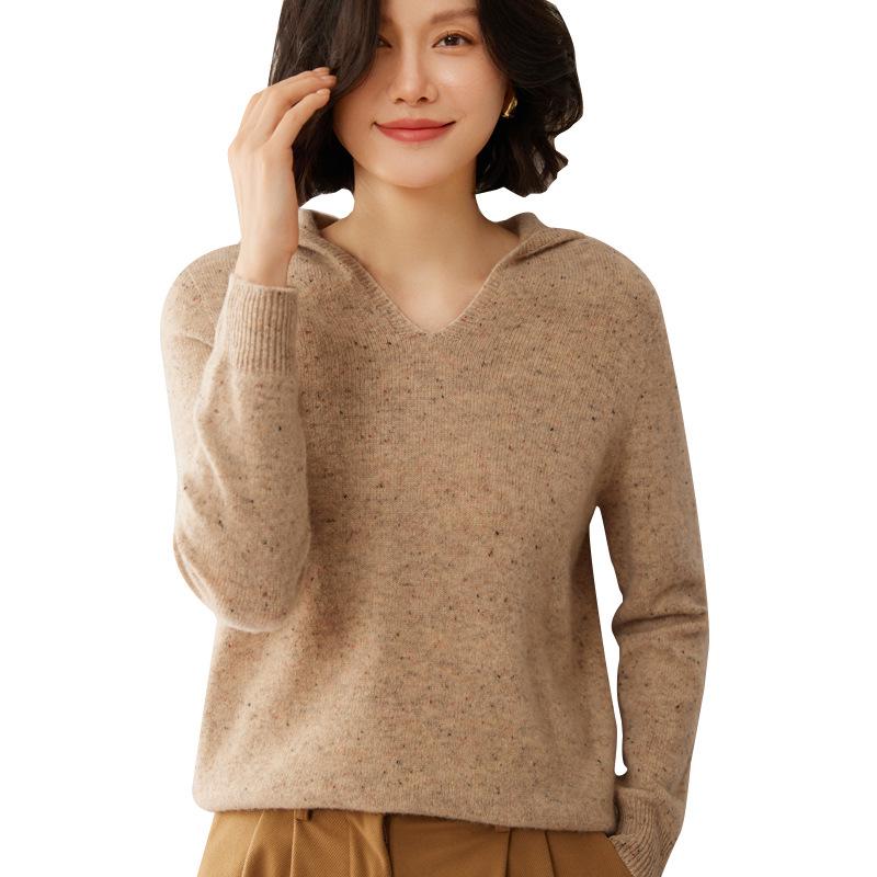 Women's Pure Wool Pointelle Hooded V-Neck Sweatshirt, Casual Loose Knit Sweater